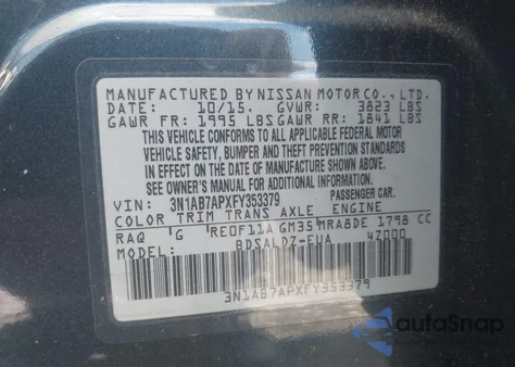 2015 Nissan Sentra Fe+ S/S/Sl/Sr/Sv from USA, damaged, VIN 3N1AB7APXFY353379